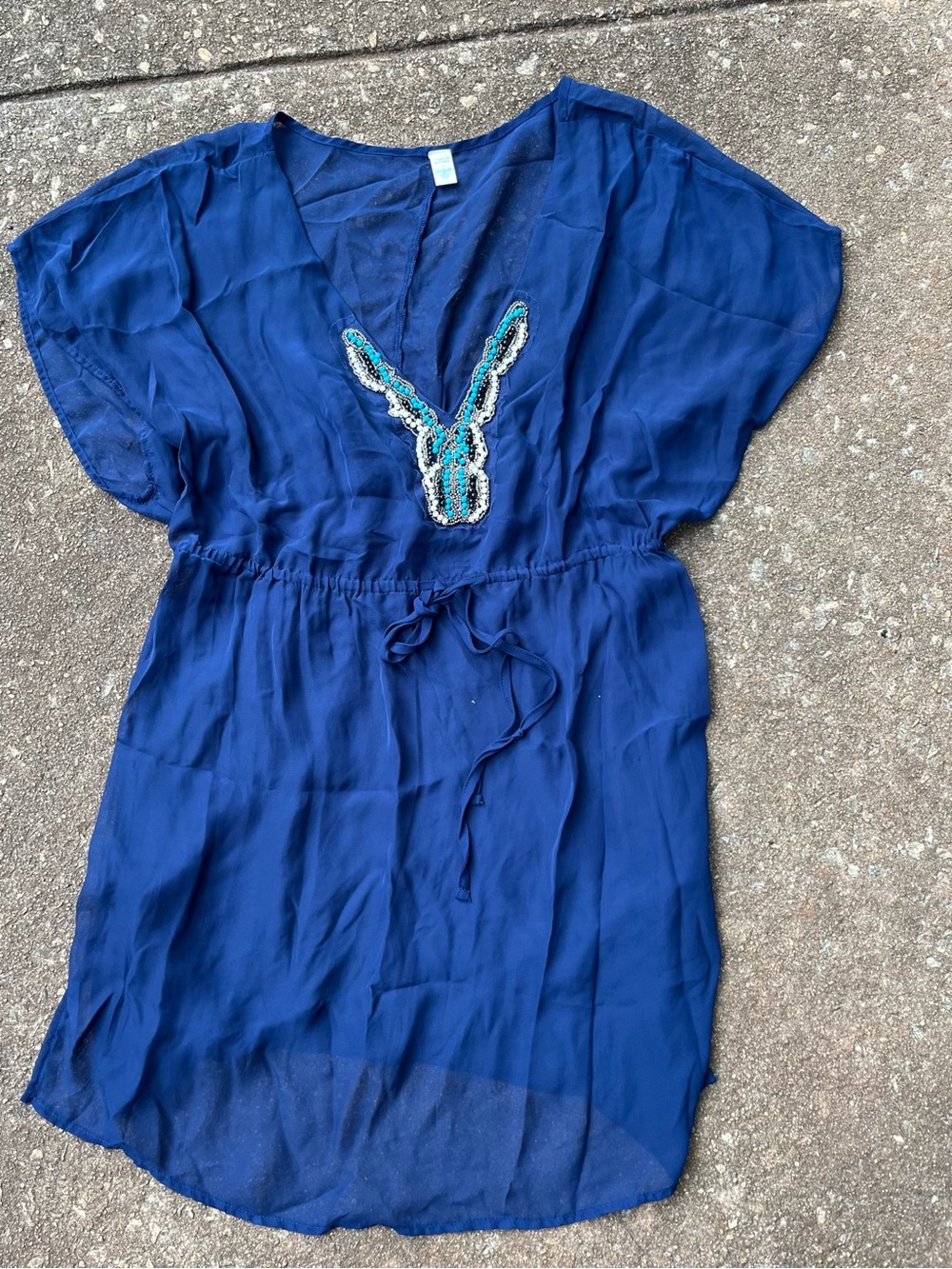 Tropical Escape Royal Blue V-Neck Tunic with Sequin Embellishment 1X. Swim cover